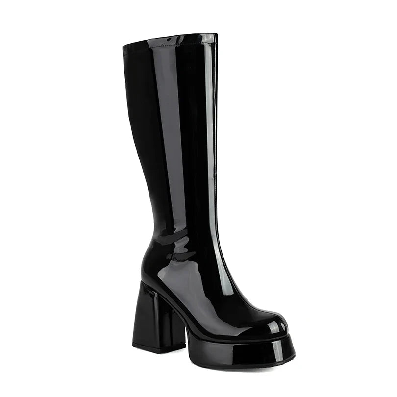 Women’s Plus Size Patent Leather Knee Boots - Square Toe Platform Thick Heel Plush Lined Side Zipper Boots