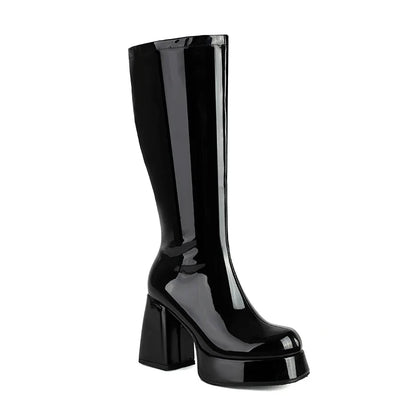 Women’s Plus Size Patent Leather Knee Boots - Square Toe Platform Thick Heel Plush Lined Side Zipper Boots
