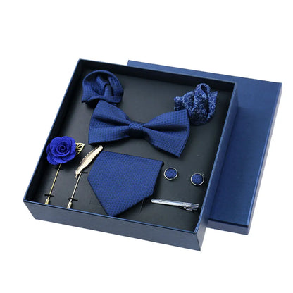 Men’s Luxury Silk Tie Set - 8cm Wedding Necktie with Bowtie, Pocket Square, Cufflinks & Floral Gift Box Accessories