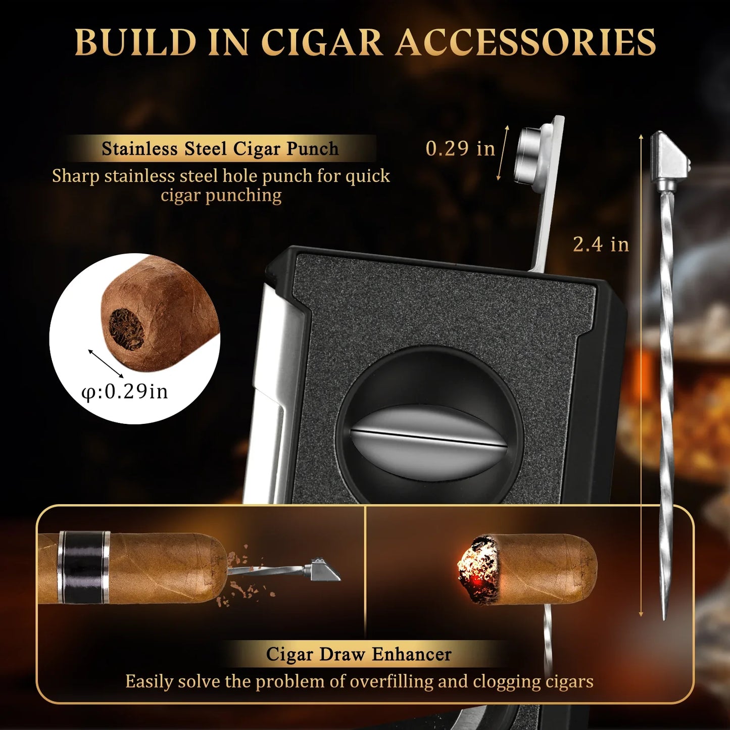 4-in-1 Cigar Cutter Guillotine – Straight Cut, V Cutter, Punch & Draw Enhancer, Stainless Steel Cigar Clippers
