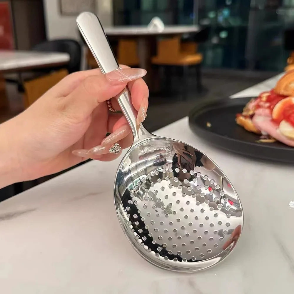 Large Stainless Steel Round Spoon — Big Head Rice Serving Spoon with Drain Holes, Heat-Resistant Kitchen Utensil