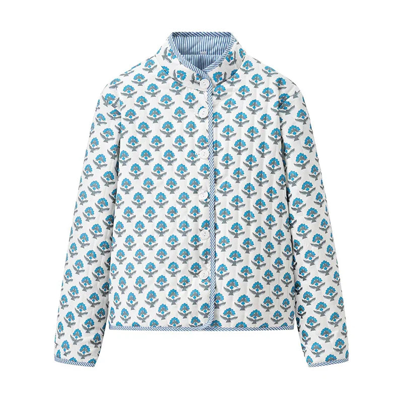 2025 Women’s Printed Quilted Padded Jacket – Collared Cotton Coat with Contrast Piped Pockets, Casual Autumn Outerwear