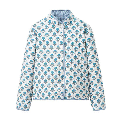 2025 Women’s Printed Quilted Padded Jacket – Collared Cotton Coat with Contrast Piped Pockets, Casual Autumn Outerwear