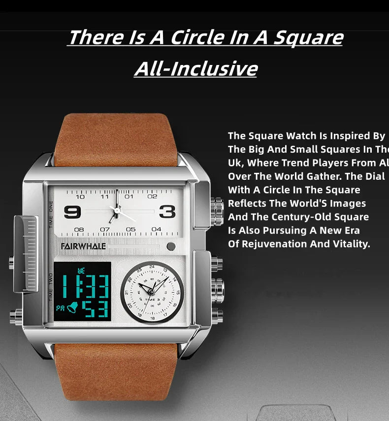 Mark Fairwhale Men’s Luxury Square Quartz Watch — Fashion Waterproof Military Leather Strap Wristwatch