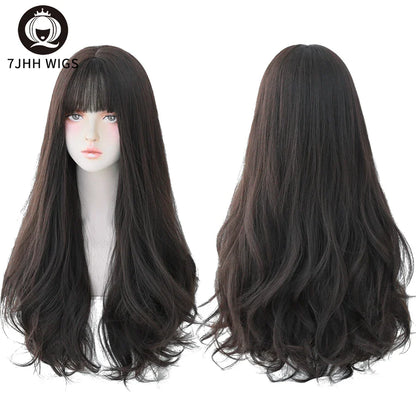 7JHH Brown Ash Long Deep Wave Lolita Wig for Women — Synthetic Hair with Bangs, Thick Curly Fashion Wig