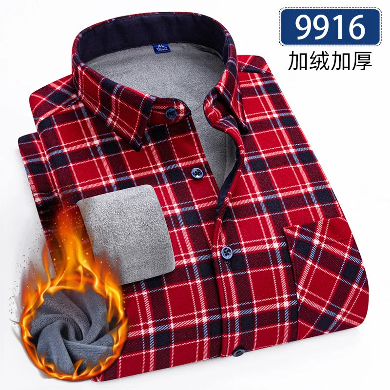 Men’s Fleece Plaid Shirt - Warm Thick Long Sleeve Business Check Shirt with Single Pocket for Autumn & Winter