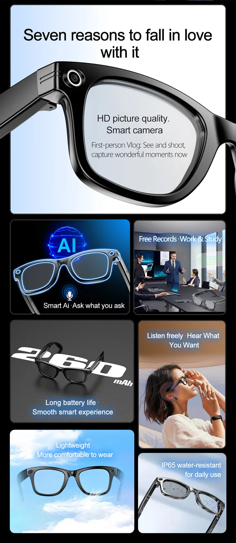 Xiaomi Smart Bluetooth Glasses — IP65 Waterproof, Video Recording, AI Photo Recognition, Translation, Call & Large Battery