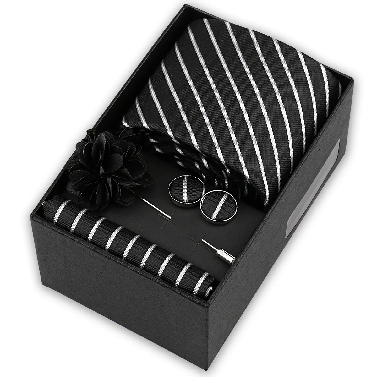 Men’s 4-Piece Tie Set Gift Box - Elegant Necktie with Handkerchief, Cufflinks & Brooch for Business, Wedding & Suit Accessories