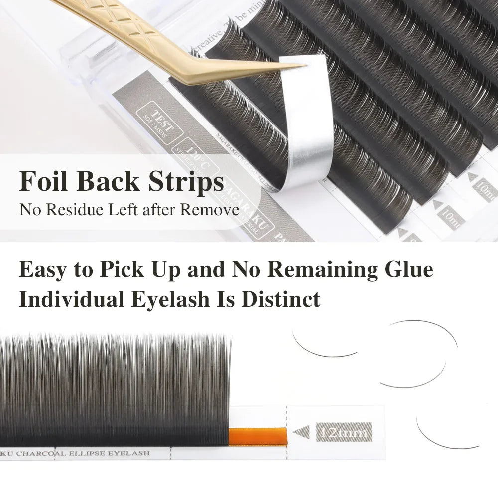 NAGARAKU Flat Ellipse Eyelashes — Matte Gray & Black Super Soft Natural Split-Tip Extension Lashes