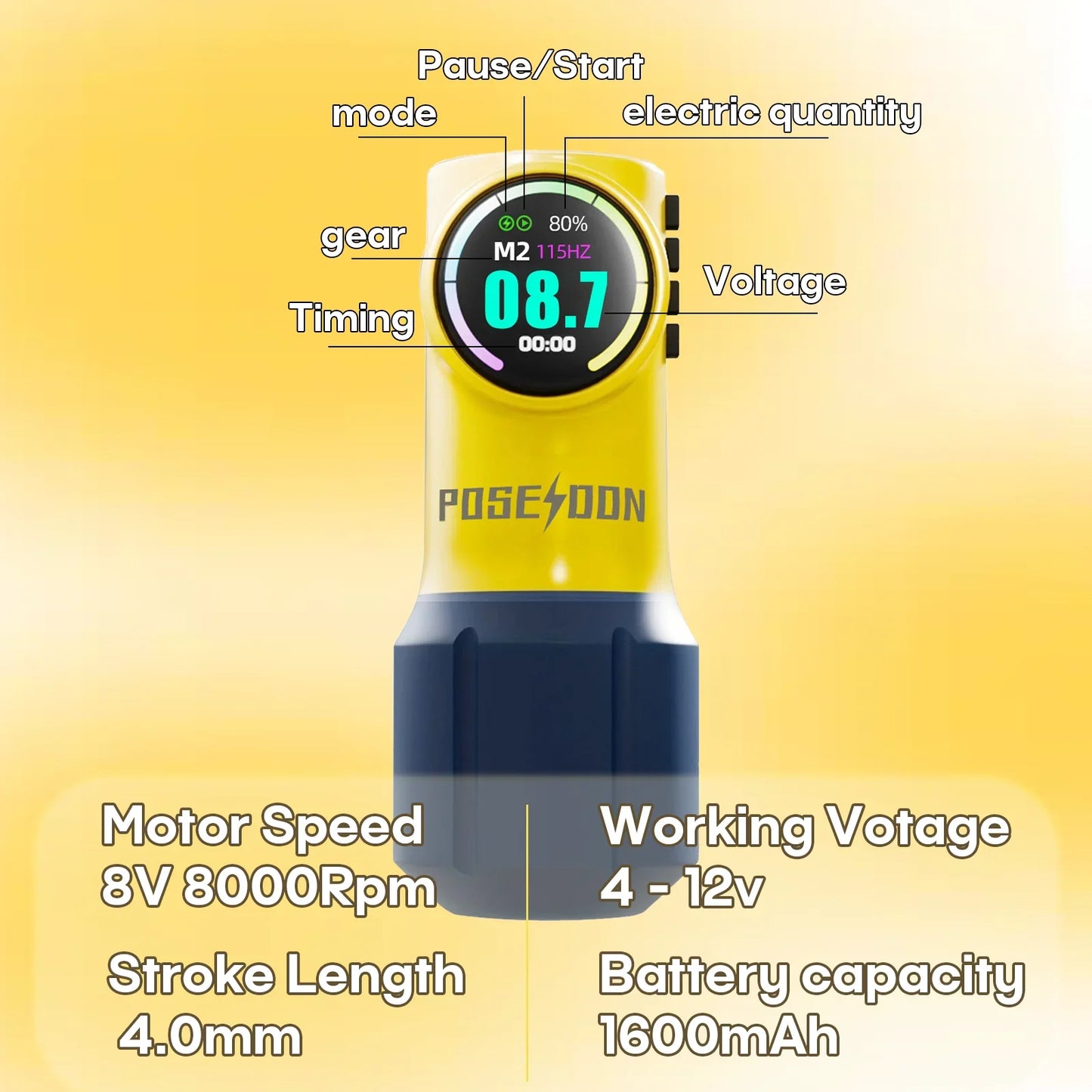 POSEIDON Wireless Tattoo Pen - Cute Yellow Rotary Tattoo Machine with Powerful Custom Motor for Artists