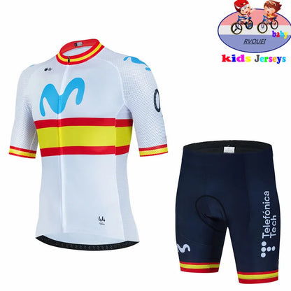 Kids Cycling Jersey Set - Baby Movistar Team Style Road Bike Shirt and Pants Suit for Boys and Girls MTB Riding