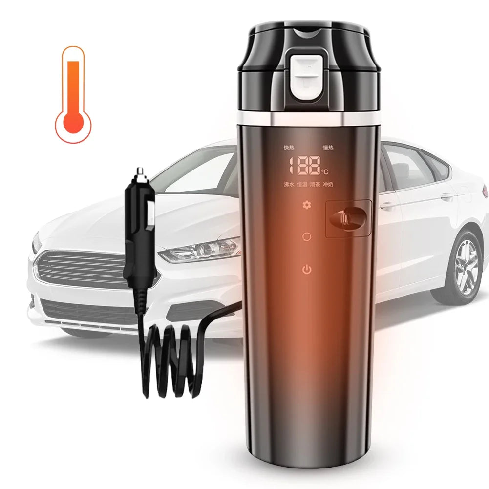 12V/24V Car Heating Cup - 500ml Stainless Steel Electric Kettle with LCD Display, Smart Heated Mug for Coffee, Tea & Milk