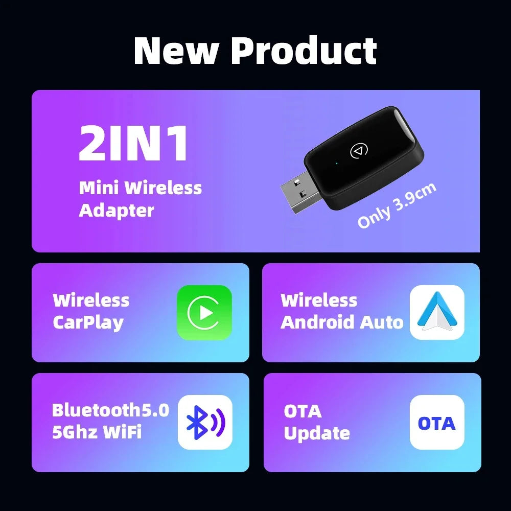 New Mini Wireless CarPlay Adapter - Android Auto Smart Dongle, Plug & Play, Compatible with Audi, Toyota, Mazda, Nissan, Chevrolet, Suzuki, Subaru