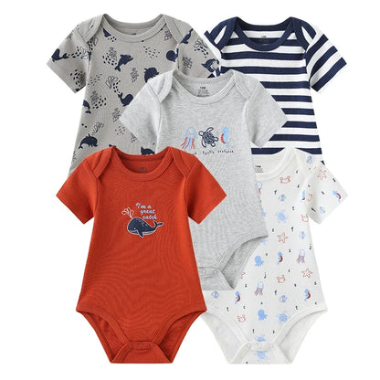 5PCS Newborn Baby Bodysuit Set - Soft Cotton Unisex Baby Clothes with Cartoon Print for Boys & Girls
