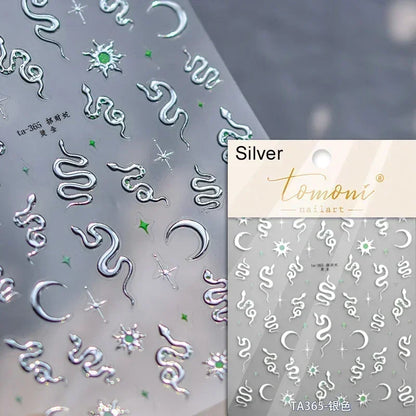 5D Gold Stamped Nail Art Stickers - Silver Sun Stars Snake Chinese Style Self-Adhesive Manicure Decals