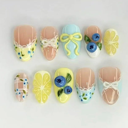 24PCS Strawberry Bow Press On Nails - Red Short Almond Pearl Starlight Floral False Nail Art Tips