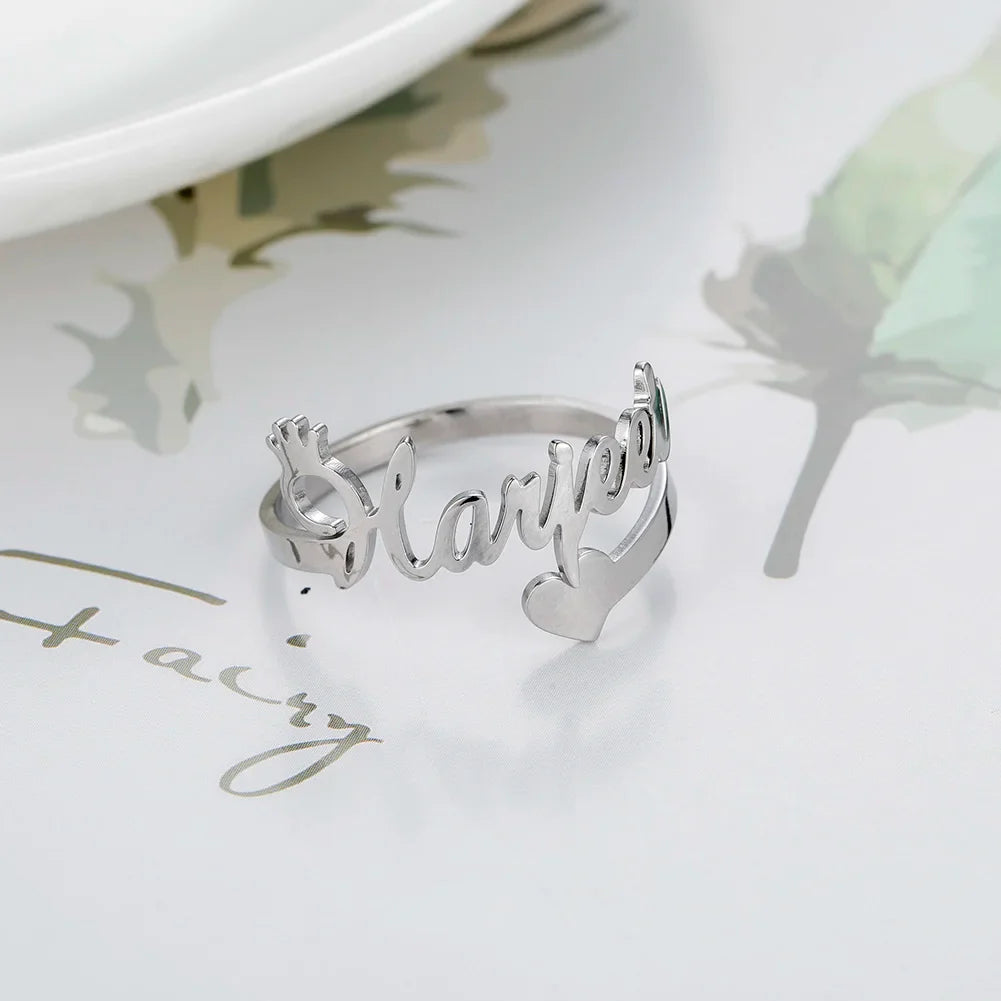 Custom Fishhook Double Name Finger Ring - Personalized Family & Couple Love Gift for Women & Men, Gold Stainless Steel Jewelry