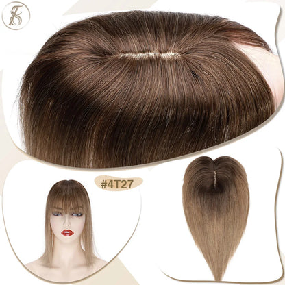 TESS Women Human Hair Topper With Bangs - 7x12.5cm Silk Base Clip In Hair Extension Natural Wigpiece