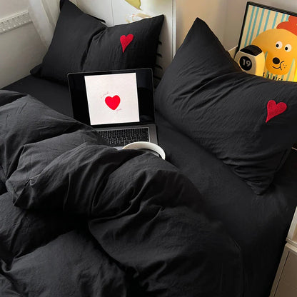 Cool Black Duvet Cover Set – Nordic Embroidered Heart Luxury Bedding, 4-Piece Set for Girls