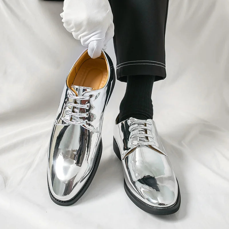 Men’s Luxury Silver Patent Leather Oxford Shoes - Pointed Toe Wedding & Party Dress Shoes 38-50