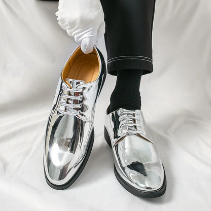 Men’s Luxury Silver Patent Leather Oxford Shoes - Pointed Toe Wedding & Party Dress Shoes 38-50