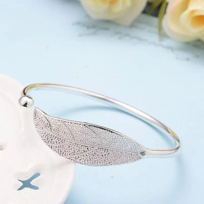 Fashion 925 Sterling Silver Leaf Shaped Cuff Bracelet: Adjustable Charm Bangle for Women - Girls Party Jewelry, Christmas Gift Idea