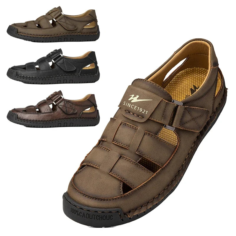 Men's Wide Toe Leather Sandals - Breathable Hollow Out Closed Toe Roman Casual Shoes Plus Size