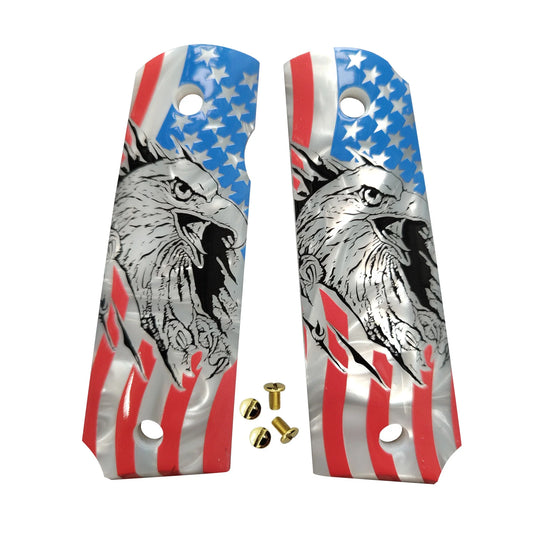 1911 Pearl Pistol Grips - White Eagle Design Full Size Grip Panels for Colt & 1911 Models