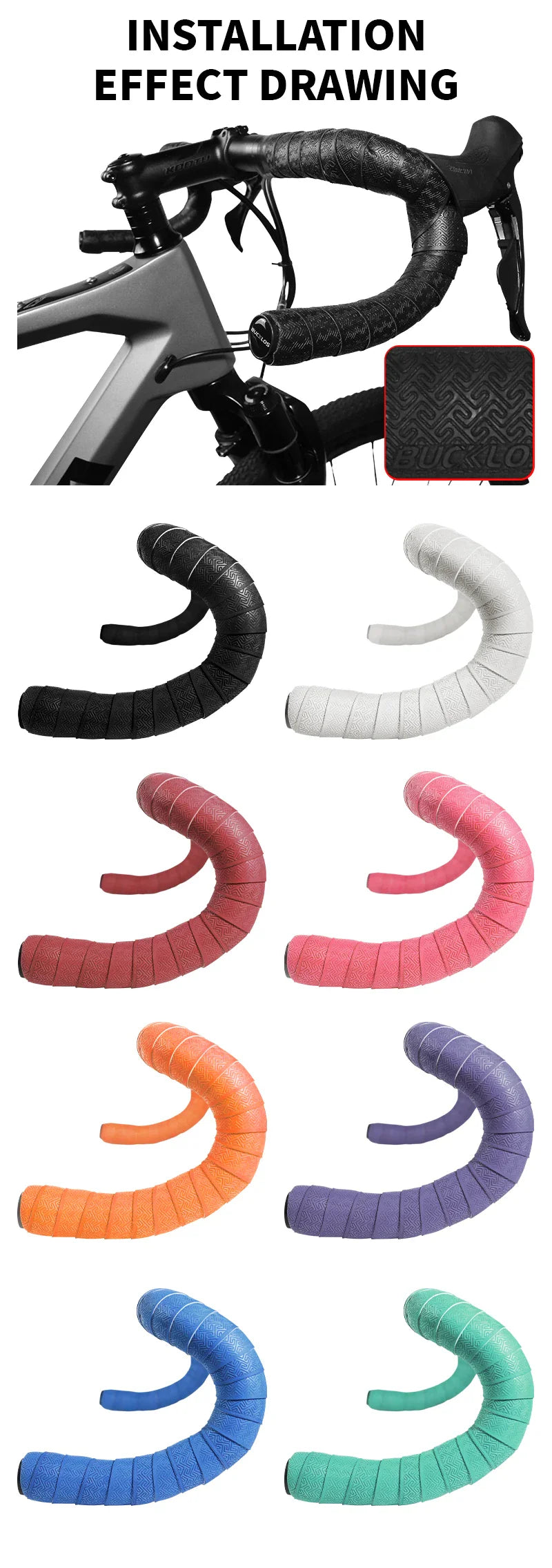 BUCKLOS Road Bike Handlebar Tape – PU Shock-Absorbing Anti-Slip Wrap with Bar End Plugs for Cycling