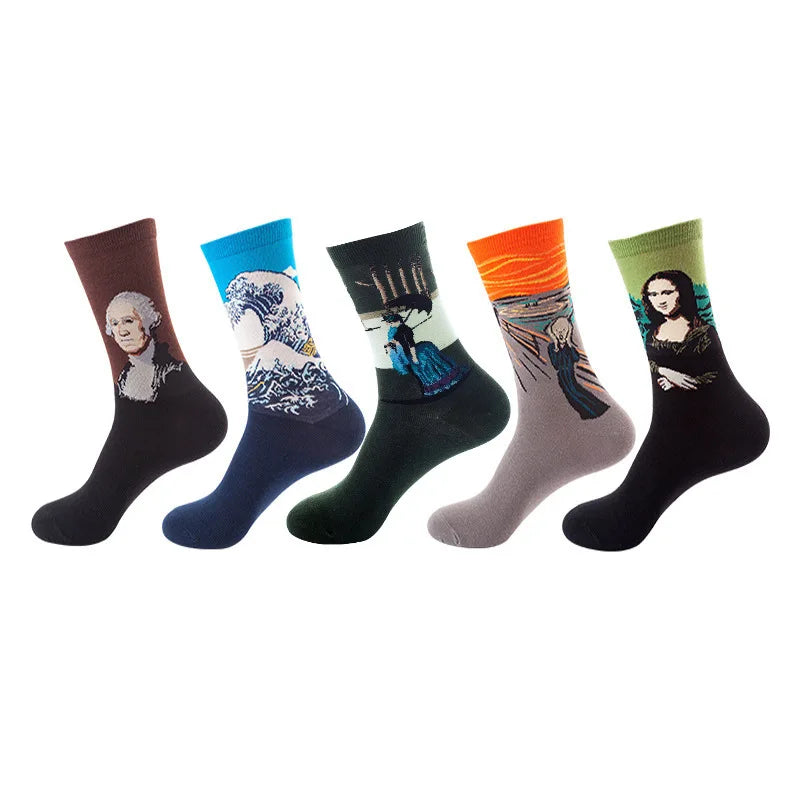5-Pair Men’s Cotton Sports Socks Pack - Hip Hop Harajuku Pastel Print Long Tube Running Casual Socks