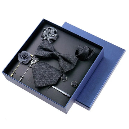 Men’s Luxury Silk Tie Set - 8cm Wedding Necktie with Bowtie, Pocket Square, Cufflinks & Floral Gift Box Accessories