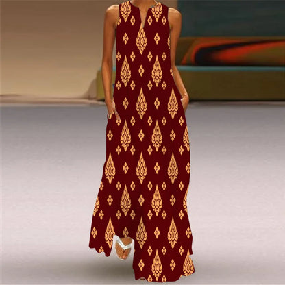 Vintage Boho Maxi Dress - Women's Summer V Neck Sleeveless Long Sundress with Pockets