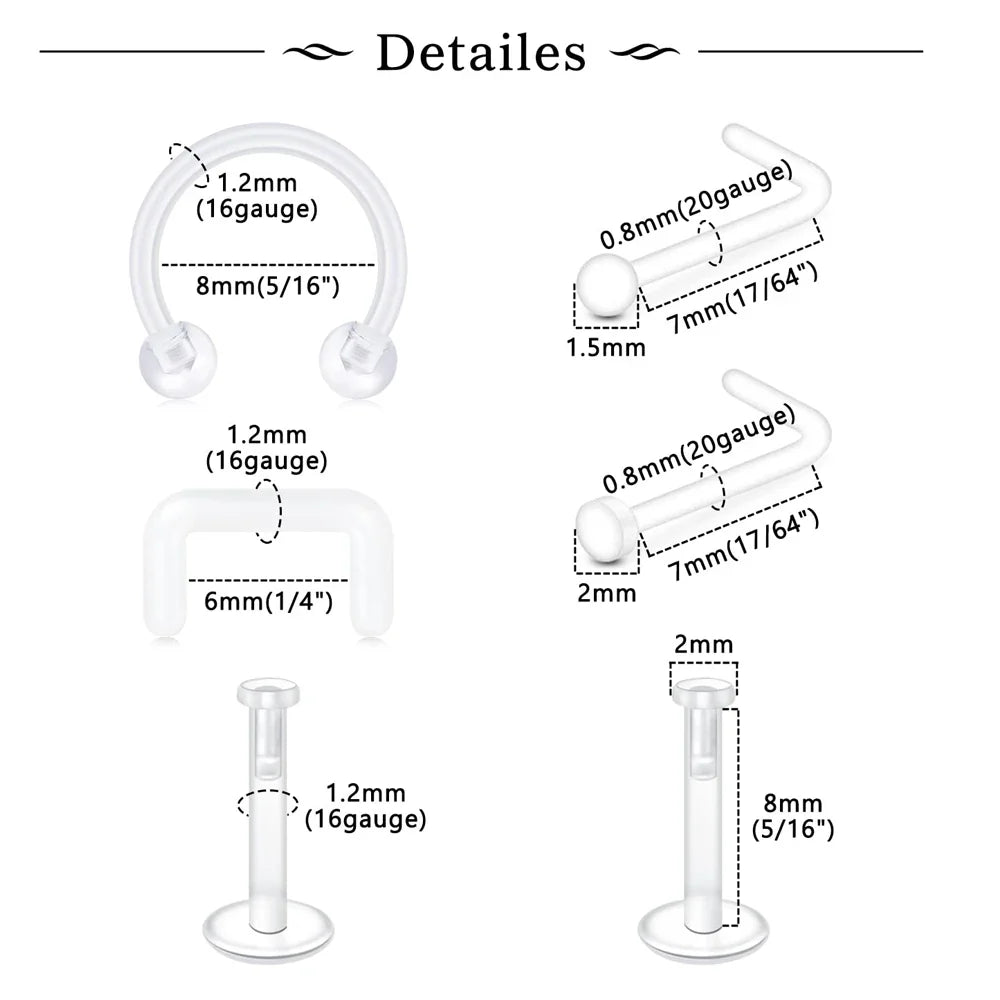 Clear Nose Rings & Studs - Plastic Piercing Retainers for Work, Sports & Healing