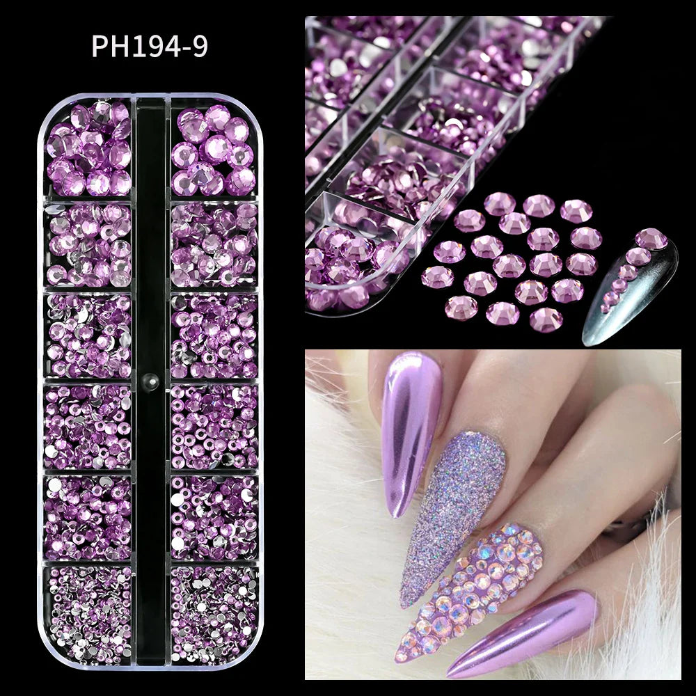 12-Grid Mixed Nail Rhinestones SS6-SS30 – Shiny Flat-Back Gems in Clear, Gold, Pink & Blue for Nail Art Decoration