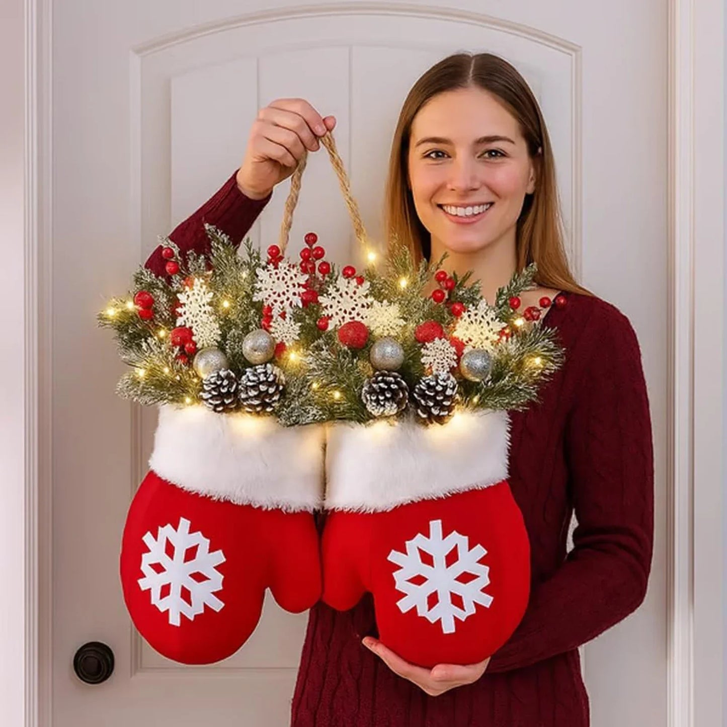 2025 Christmas Glove-Shaped Artificial Flower Garland Wreath — Window & Door Holiday Decoration