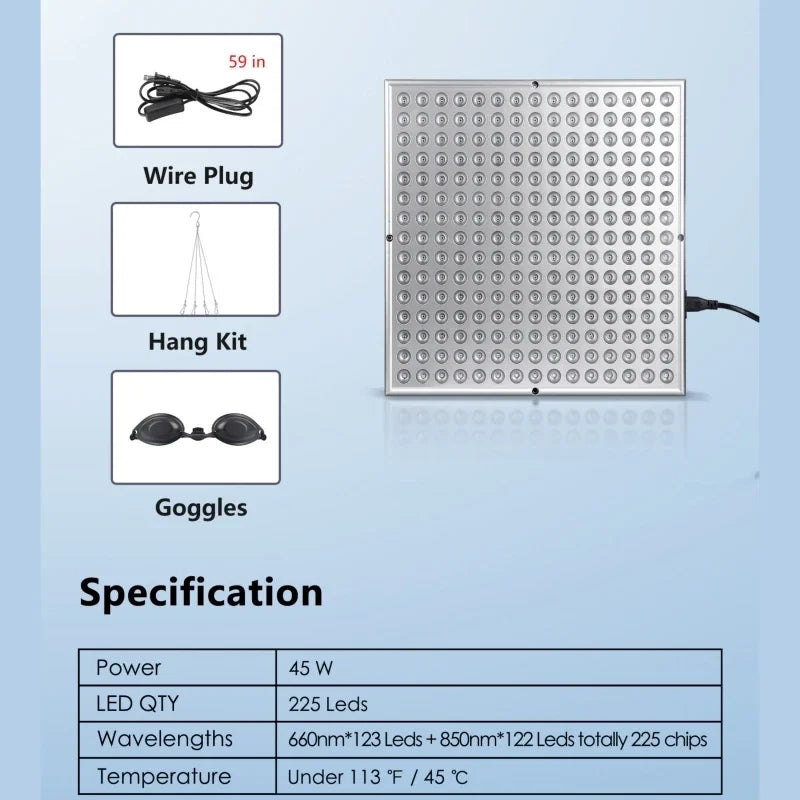 45W LED Red Light Therapy Panel – 225 LED Lamp for Anti-Aging Facial Skin Care, Body Pain Relief & Physical Therapy
