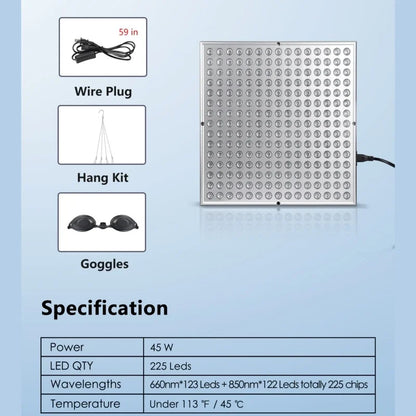 45W LED Red Light Therapy Panel – 225 LED Lamp for Anti-Aging Facial Skin Care, Body Pain Relief & Physical Therapy