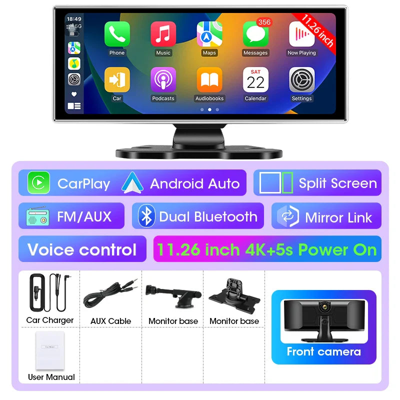 10/11.26" 4K Dash Cam — Dual-Lens Car DVR with Wireless CarPlay, Android Auto, GPS, WiFi, FM & AUX Video Recorder