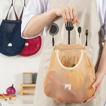 Reusable Hanging Mesh Storage Bag – Kitchen Fruit & Vegetable Organizer Net Bag for Onions, Garlic, Potatoes & Ginger
