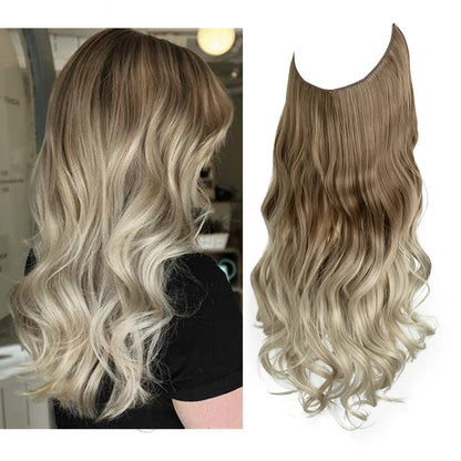 Synthetic Ombre Hair Extension - One Piece Invisible Wire Long Wavy Clipless False Hairpiece Black Blonde Pink