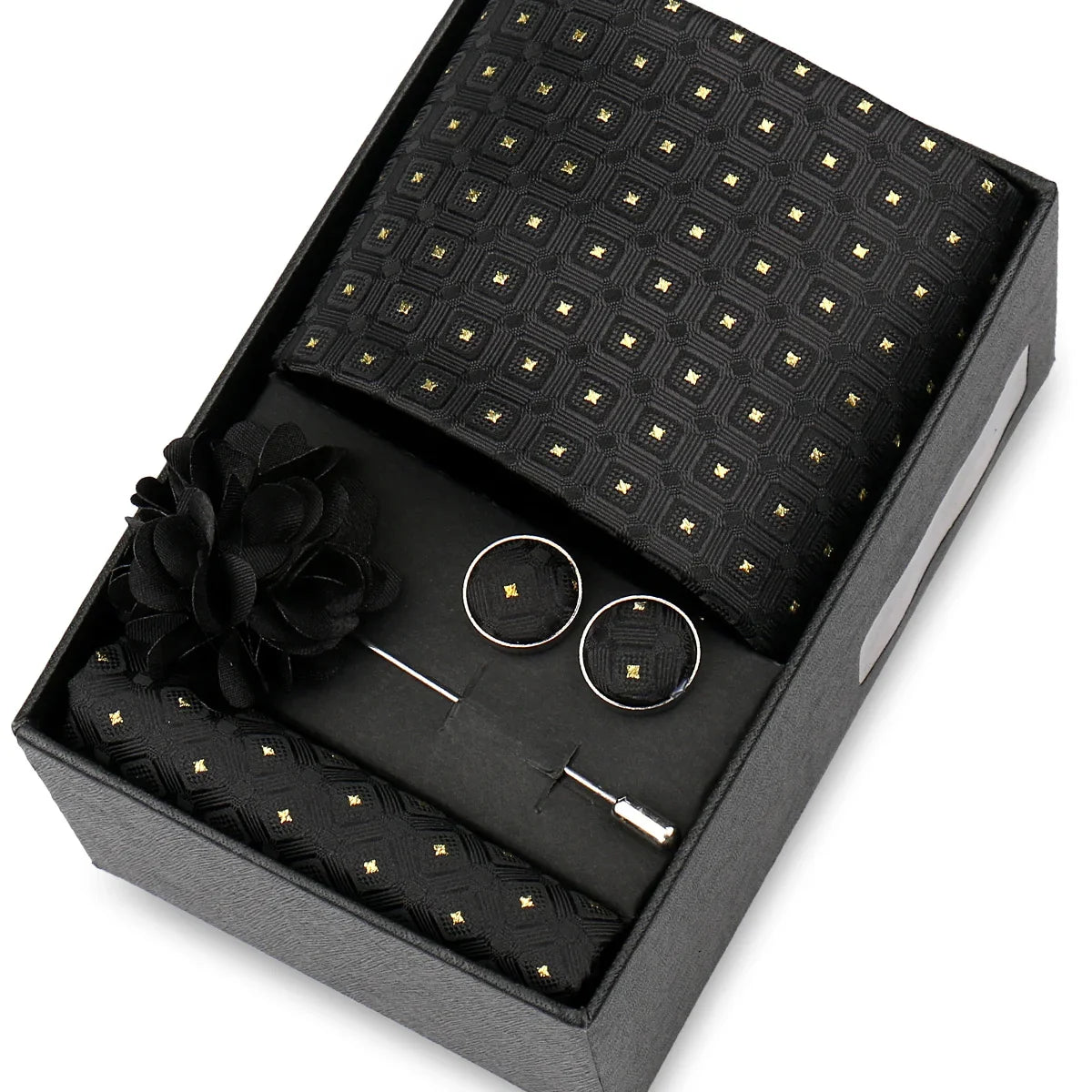 Elegant Men’s Necktie Gift Set - Fashion Tie with Handkerchief, Cufflinks & Brooch Pin Accessories for Business & Wedding