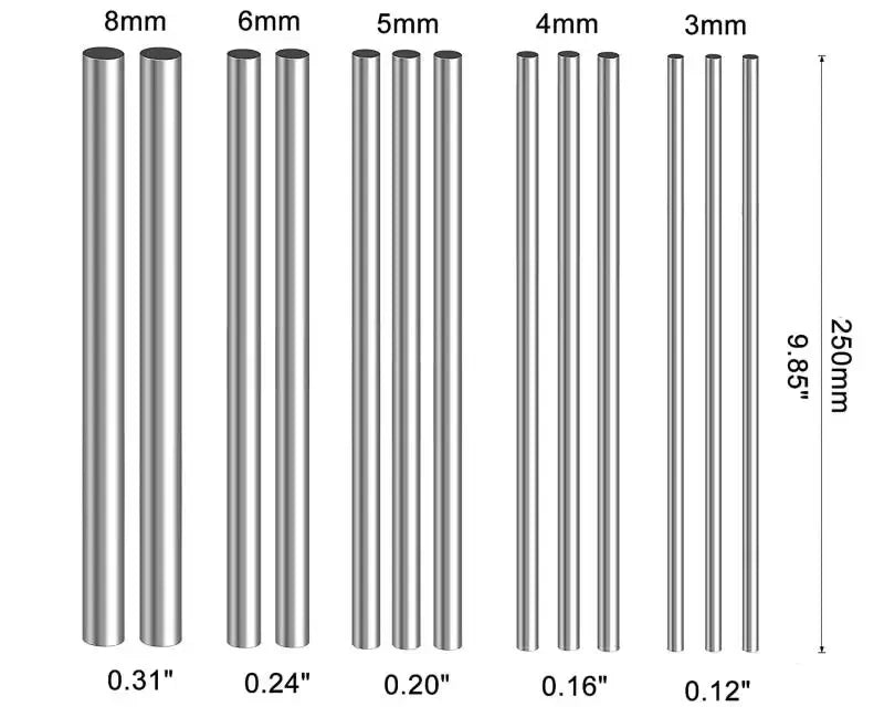 304 Stainless Steel Round Rod - Metric Linear Shaft 0.8mm–14mm Diameter, 125mm–500mm Length