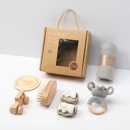Newborn Baby Bath Gift Set - Cotton Blanket, Saliva Towel, Rattle Toy & Soft Brush Kit
