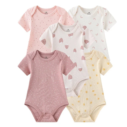 5PCS Newborn Baby Bodysuit Set - Soft Cotton Unisex Baby Clothes with Cartoon Print for Boys & Girls