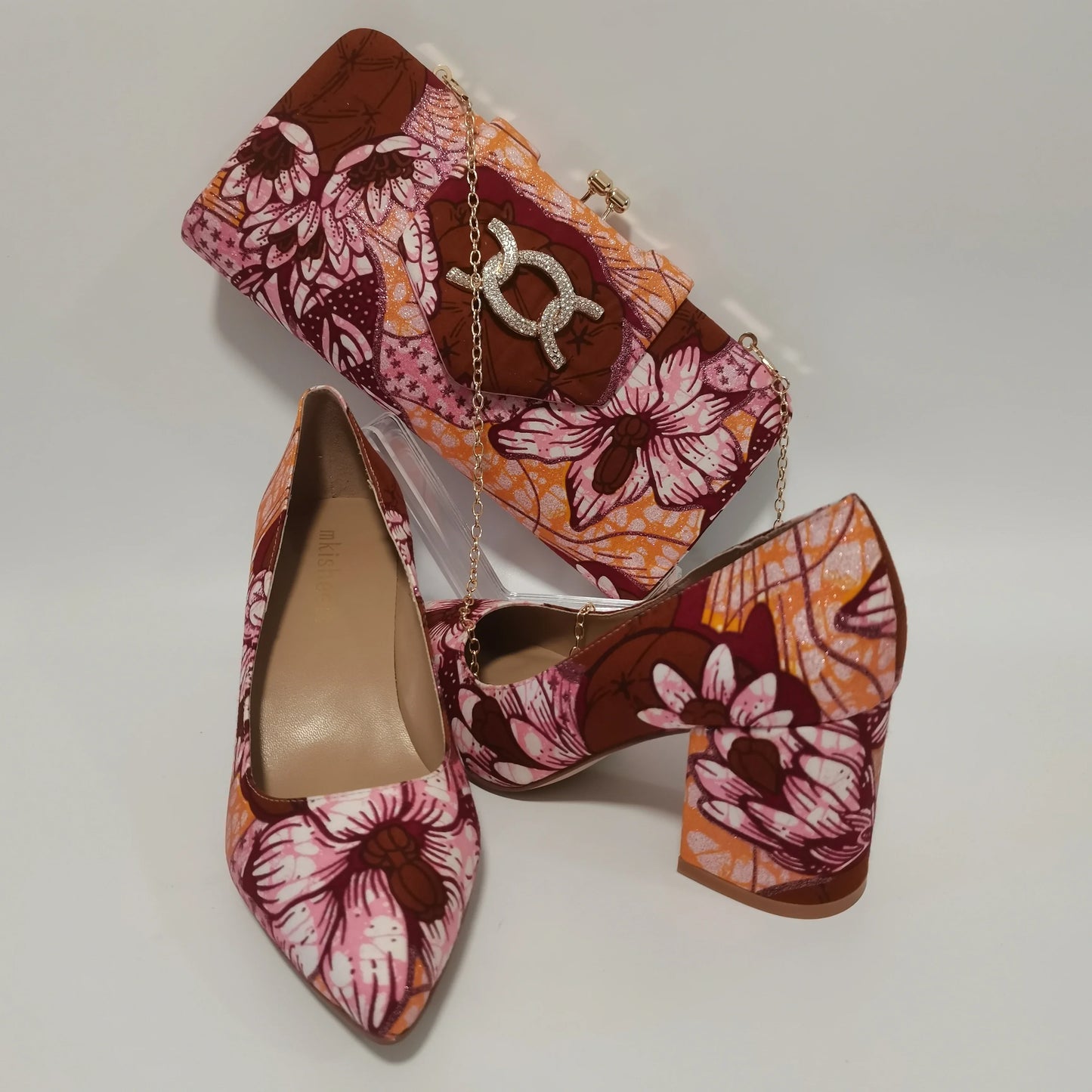 African Ankara Women’s Block Heel Shoes & Purse Set - Nigerian-Inspired Pointed Toe Fashion Accessories
