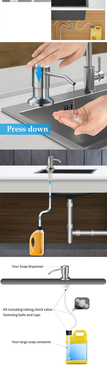 304 Stainless Steel Kitchen Sink Soap Dispenser — Extension Tube & Pump Head for 350/500ml Dish Soap Bottles