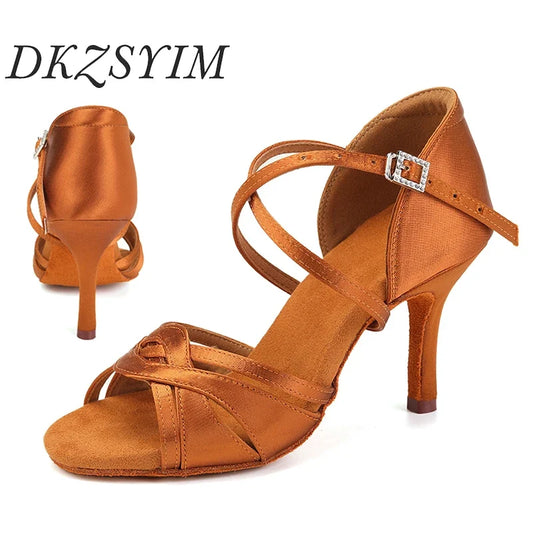 DKZSYIM Women’s Latin Dance Shoes - Ballroom Tango Salsa Party Shoes with Suede Soles and Elegant Sandal Design