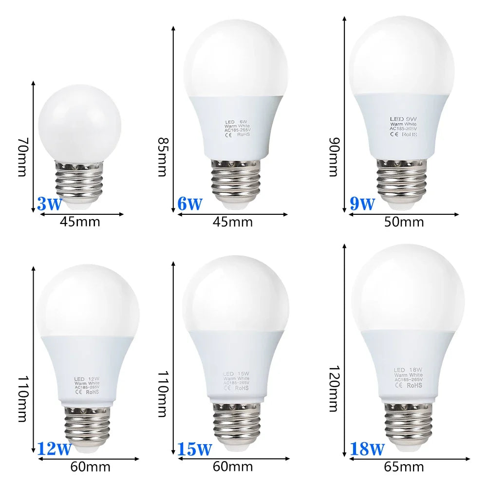 E27 LED Light Bulbs - 3W–18W AC 220V–240V High Brightness Smart IC Lamps