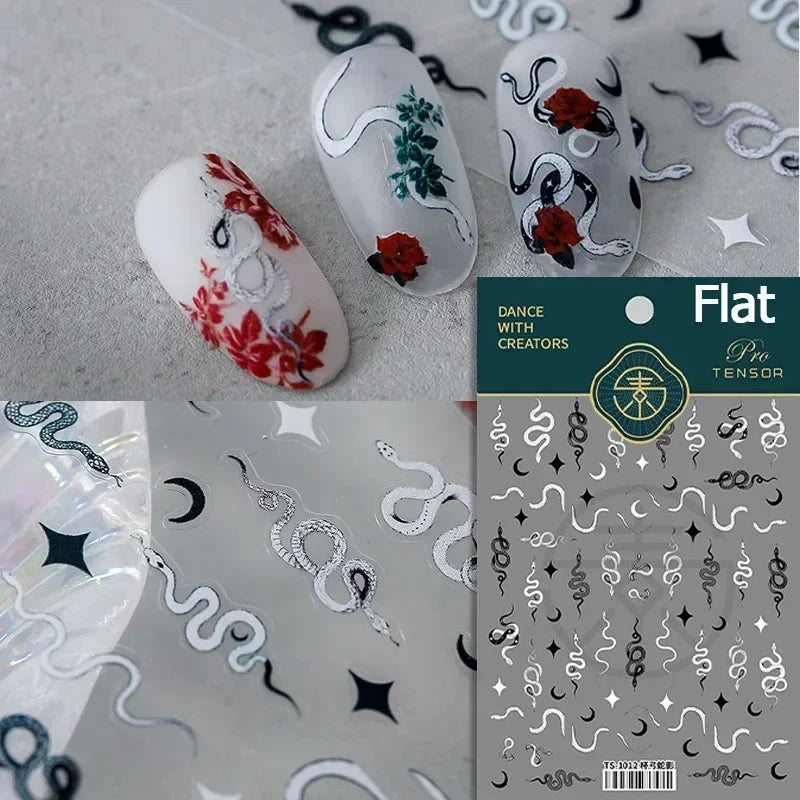 5D Gold Stamped Nail Art Stickers - Silver Sun Stars Snake Chinese Style Self-Adhesive Manicure Decals