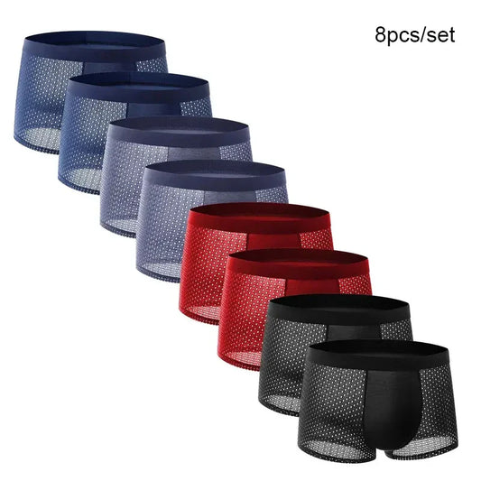 8Pcs Men's Ice Silk Mesh Boxer Shorts - Breathable Solid Color Fashion Underwear Panties for Men